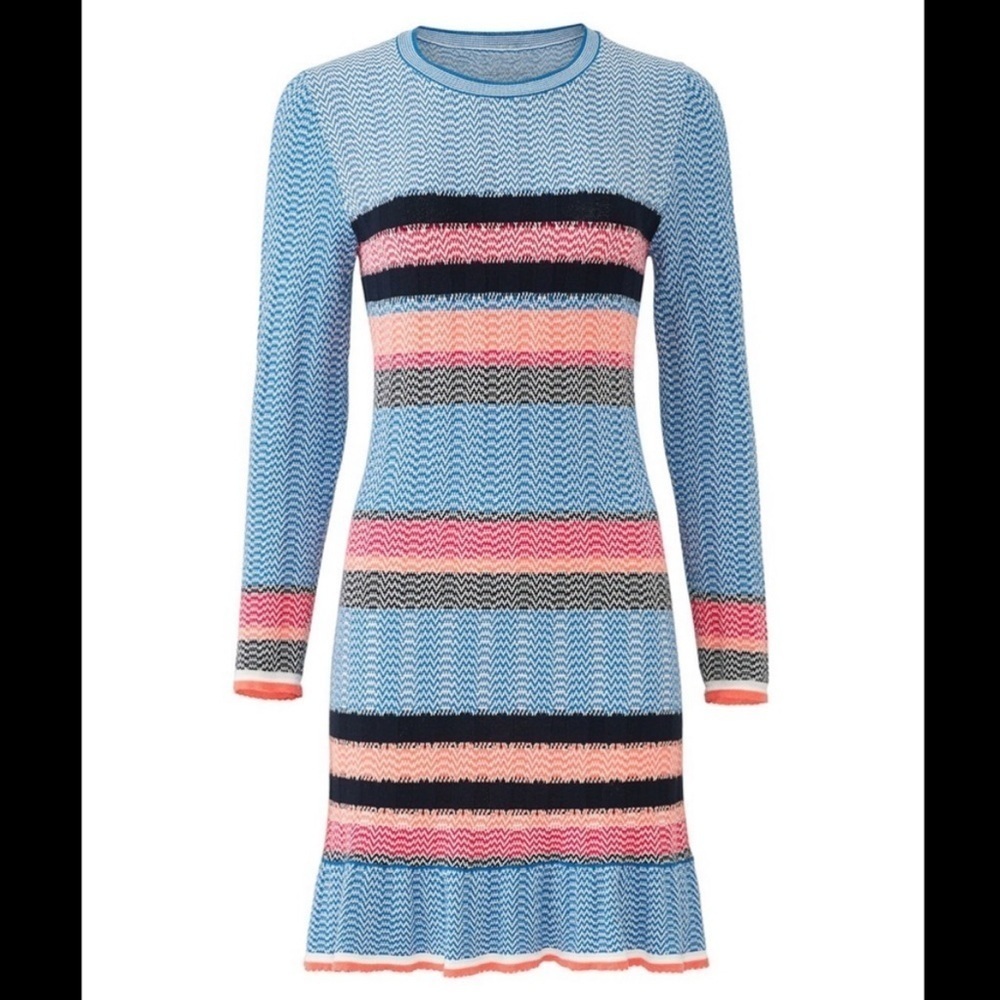 Tanya Taylor Blue Pink Black Striped Long-Sleeve Knit Dress with Coral Trim